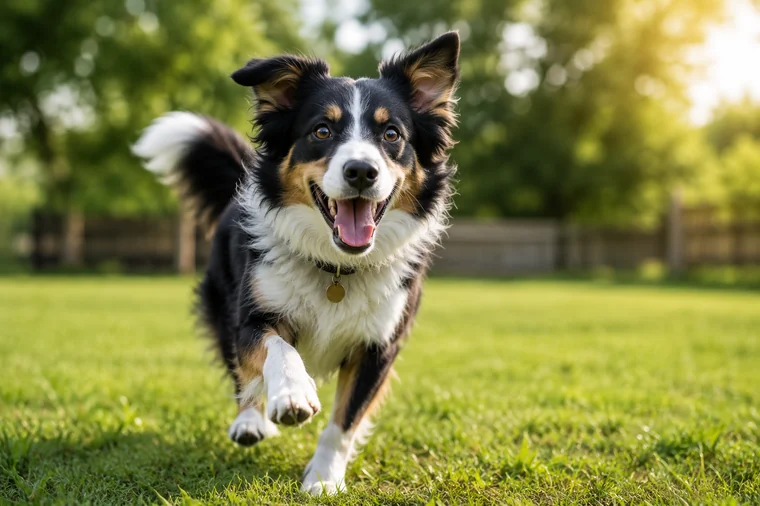 Happy Border Collie running in a sunny park — a calm, well-trained dog with Doggy Dan