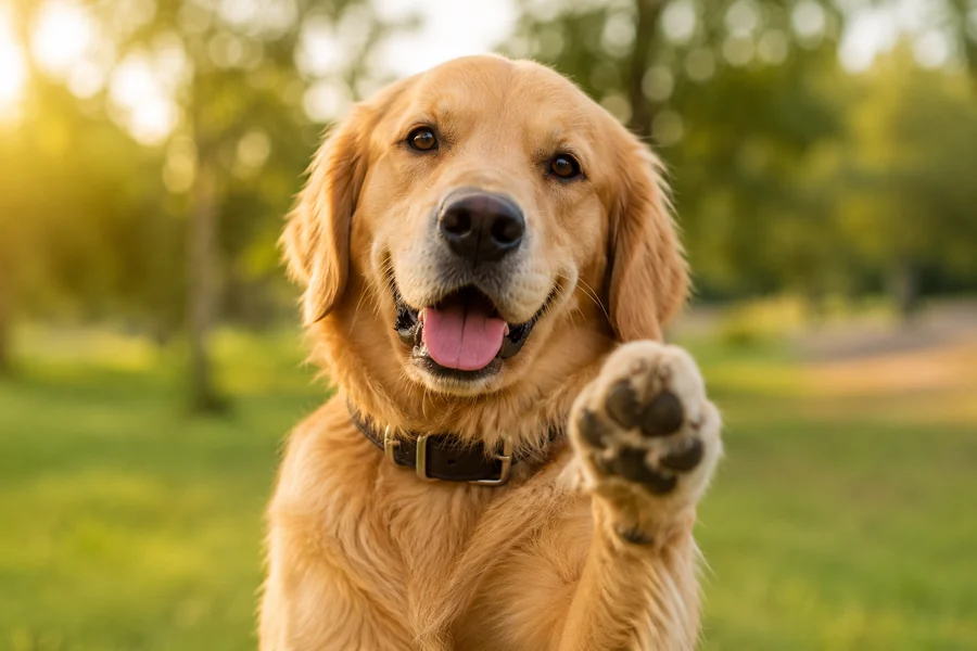 Happy Golden Retriever raising its paw — gentle, force-free dog training with Doggy Dan